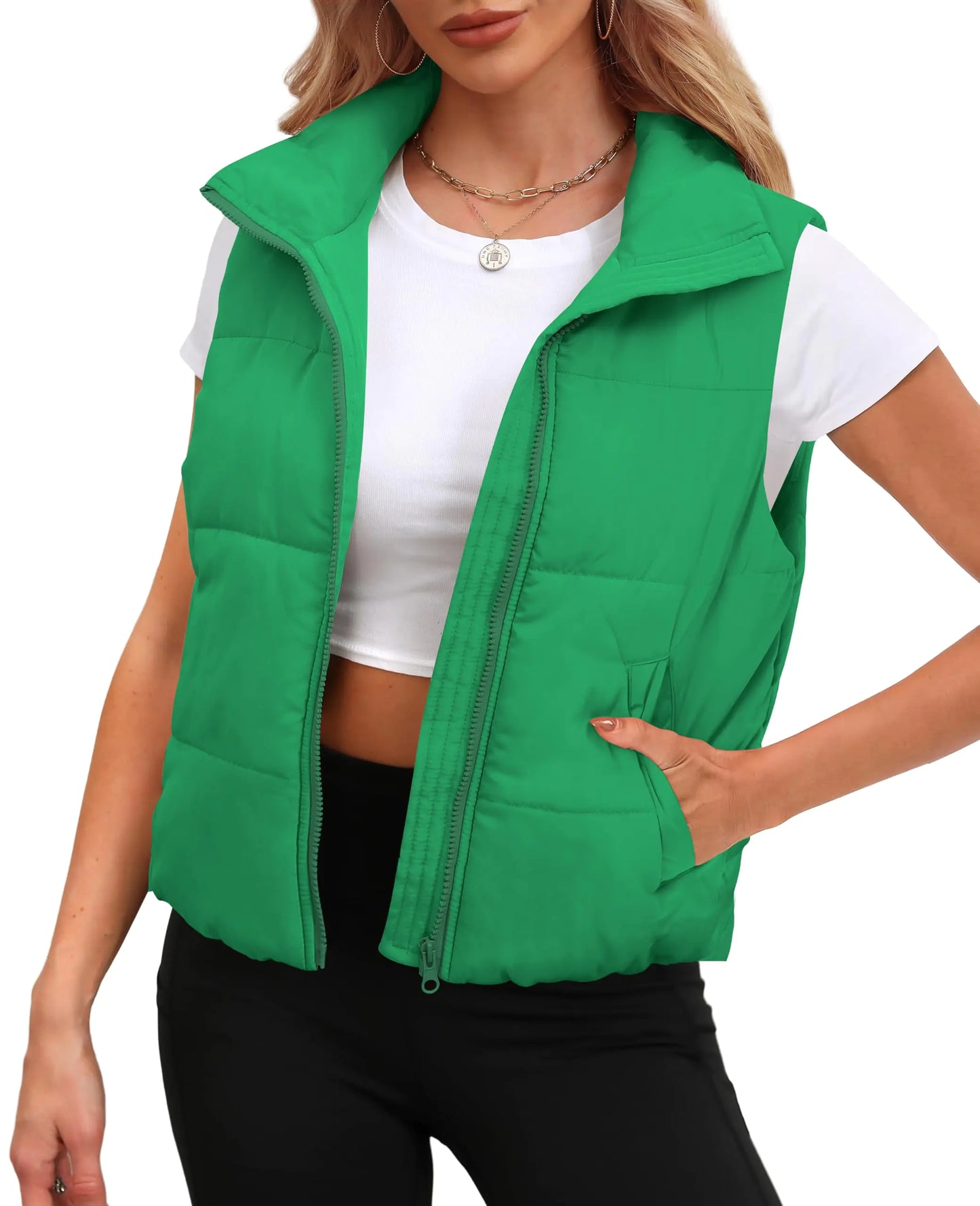 SAMPEEL Green Puffer Vest Women Cropped Lightweight Outerwear Fall Fashion Warm Winter Clothes XS