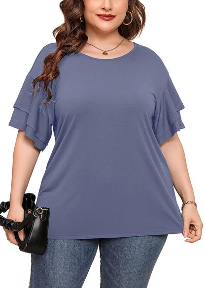 AusLook Plus Size Summer Clothes For Women Blue Grey 5X Tunic Double Ruffle Short Sleeve Blouses Crewneck Clothing Tee Ladies Clothes Flowy Dressy Casual Loose Fit Outfits Maternity Tops