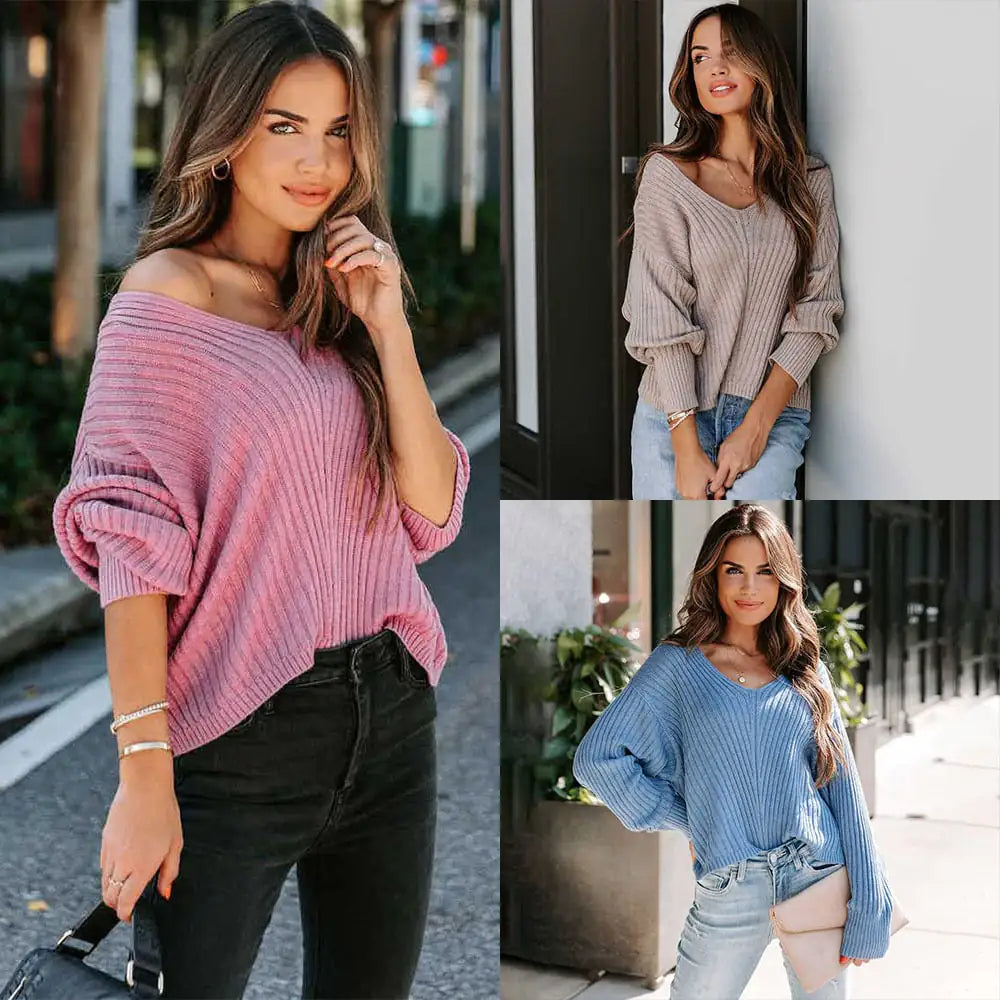 Fashionable Solid Color Long Sleeve V-Neck Sweater