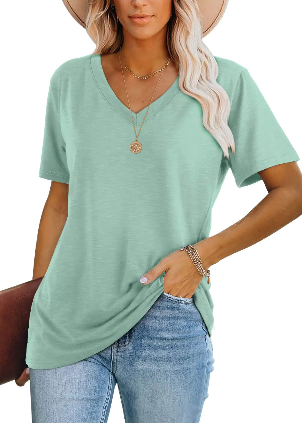 WIHOLL Plain T Shirts for Women Loose Fit V Neck Summer Clothes Aqua M