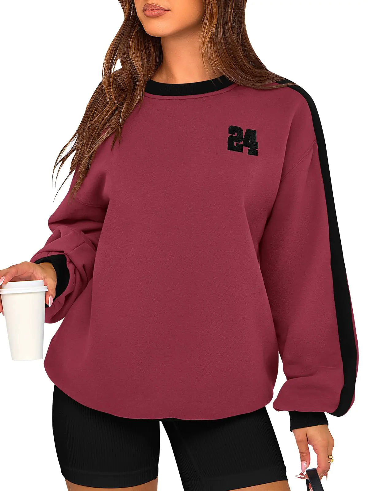 PRETTYGARDEN Oversized Sweatshirt for Women Graphic Long Sleeve Crewneck Sweatshirts Women Fall Outfits Fashion Clothes Wine Red